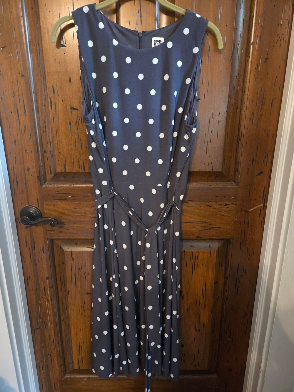Anne Klein Gray Polka Dot Sleeveless Midi Dress w/ Tie Belt Size 14